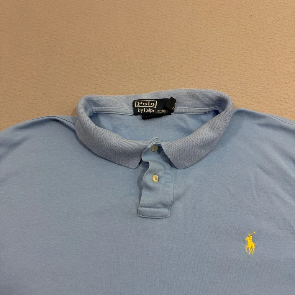 Vintage Polo Ralph Lauren Shirt Men XXL Blue Custom Fit Short Sleeve Yellow Pony